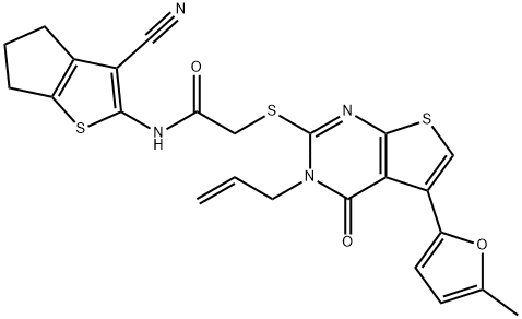 2-((3-allyl-5-(5-methylfuran-2-yl)-4-oxo-3,4-dihydrothieno[2,3-d]pyrimidin-2-yl)thio)-N-(3-cyano-5,6-dihydro-4H-cyclopenta[b]thiophen-2-yl)acetamide Struktur