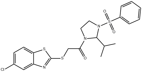 2-[(5-chloro-1,3-benzothiazol-2-yl)sulfanyl]-1-[3-(phenylsulfonyl)-2-(propan-2-yl)imidazolidin-1-yl]ethanone Struktur