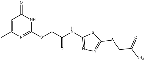 N-{5-[(2-amino-2-oxoethyl)sulfanyl]-1,3,4-thiadiazol-2-yl}-2-[(4-hydroxy-6-methylpyrimidin-2-yl)sulfanyl]acetamide Struktur