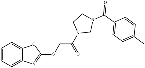 2-(1,3-benzoxazol-2-ylsulfanyl)-1-{3-[(4-methylphenyl)carbonyl]imidazolidin-1-yl}ethanone Struktur