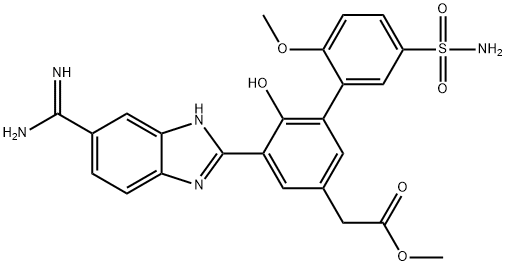 methyl 2-(5-(5-carbamimidoyl-1H-benzo[d]imidazol-2-yl)-6-hydroxy-2'-methoxy-5'-sulfamoylbiphenyl-3-yl)acetate Struktur