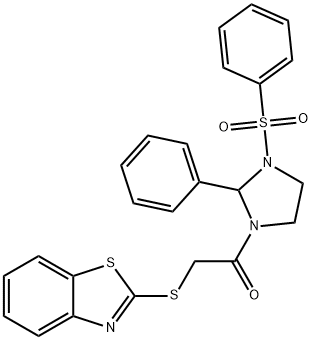 2-(1,3-benzothiazol-2-ylsulfanyl)-1-[2-phenyl-3-(phenylsulfonyl)imidazolidin-1-yl]ethanone Struktur