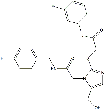 2-[2-[2-(3-fluoroanilino)-2-oxoethyl]sulfanyl-5-(hydroxymethyl)imidazol-1-yl]-N-[(4-fluorophenyl)methyl]acetamide Struktur