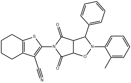 2-(4,6-dioxo-3-phenyl-2-(o-tolyl)hexahydro-5H-pyrrolo[3,4-d]isoxazol-5-yl)-4,5,6,7-tetrahydrobenzo[b]thiophene-3-carbonitrile Struktur