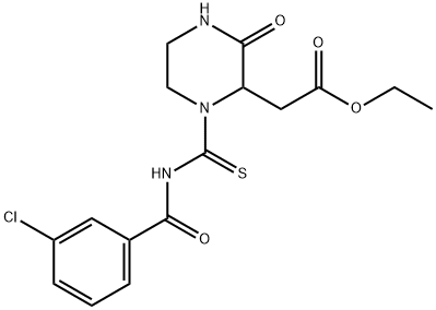 ethyl (1-{[(3-chlorobenzoyl)amino]carbonothioyl}-3-oxo-2-piperazinyl)acetate Struktur