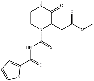 methyl (3-oxo-1-{[(2-thienylcarbonyl)amino]carbonothioyl}-2-piperazinyl)acetate Struktur