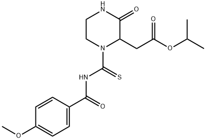 propan-2-yl 2-[1-[(4-methoxybenzoyl)carbamothioyl]-3-oxopiperazin-2-yl]acetate Struktur