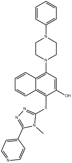 1-{[4-methyl-5-(4-pyridinyl)-4H-1,2,4-triazol-3-yl]sulfanyl}-4-(4-phenyl-1-piperazinyl)-2-naphthol Struktur