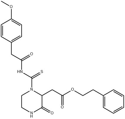 2-phenylethyl [1-({[(4-methoxyphenyl)acetyl]amino}carbonothioyl)-3-oxo-2-piperazinyl]acetate Struktur