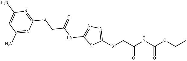 ethyl N-[2-[[5-[[2-(4,6-diaminopyrimidin-2-yl)sulfanylacetyl]amino]-1,3,4-thiadiazol-2-yl]sulfanyl]acetyl]carbamate Struktur