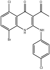 3-acetyl-8-bromo-5-chloro-2-(4-chloroanilino)-1H-quinolin-4-one Struktur