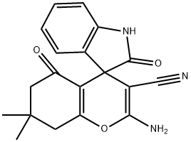 2-amino-7,7-dimethyl-2',5-dioxo-1',2',5,6,7,8-hexahydrospiro[chromene-4,3'-indole]-3-carbonitrile Struktur