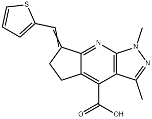 1,3-Dimethyl-7-thiophen-2-ylmethylene-1,5,6,7-tetrahydro-1,2,8-triaza-s-indacene-4-carboxylic acid Struktur