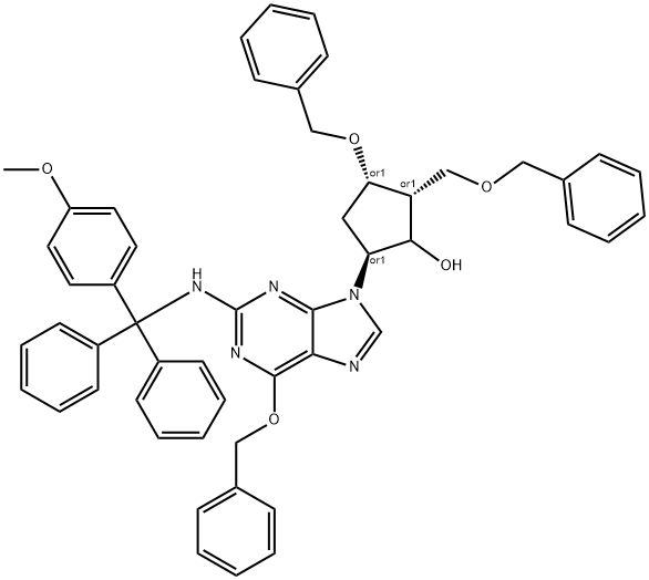 (2R,3S,5S)-3-(Benzyloxy)-5-(6-(benzyloxy)-2-(((4-methoxyphenyl)diphenylmethyl)amino)-9H-purin-9-yl)-2-((benzyloxy)methyl)cyclopentanol Struktur