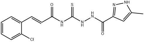 (E)-3-(2-chlorophenyl)-N-[[(5-methyl-1H-pyrazole-3-carbonyl)amino]carbamothioyl]prop-2-enamide Struktur