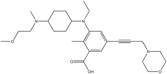 3-(ethyl((1r,4r)-4-((2-methoxyethyl)(methyl)amino)cyclohexyl)amino)-2-methyl-5-(3-morpholinoprop-1-ynyl)benzoic acid Struktur