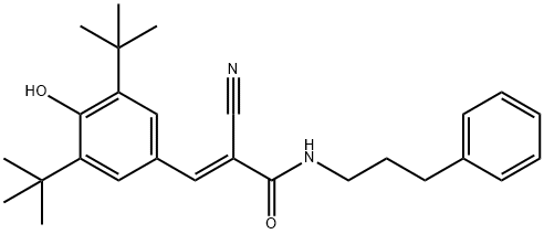 2-Propenamide, 3-[3,5-bis(1,1-dimethylethyl)-4-hydroxyphenyl]-2-cyano-N-(3-phenylpropyl)-, (2E)- Struktur