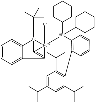 Chloro(1-t-butylindenyl)[2-(dicyclohexylphosphino)-2',4',6'-tri-i-propyl-1,1'-biphenyl]palladium(II) Struktur