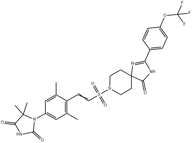 1-(3,5-dimethyl-4-(2-((4-oxo-2-(4-(trifluoromethoxy)phenyl)-1,3,8-triazaspiro[4.5]dec-1-en-8-yl)sulfonyl)vinyl)phenyl)-5,5-dimethylimidazolidine-2,4-dione Struktur