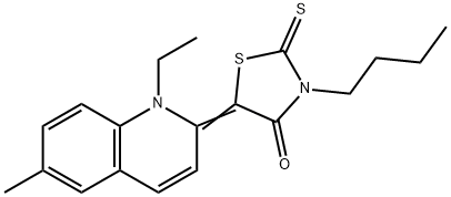 (5Z)-3-butyl-5-(1-ethyl-6-methylquinolin-2(1H)-ylidene)-2-thioxo-1,3-thiazolidin-4-one Struktur