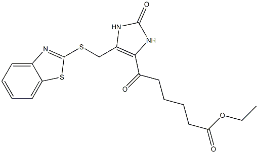 ethyl 6-{5-[(1,3-benzothiazol-2-ylsulfanyl)methyl]-2-oxo-2,3-dihydro-1H-imidazol-4-yl}-6-oxohexanoate Struktur