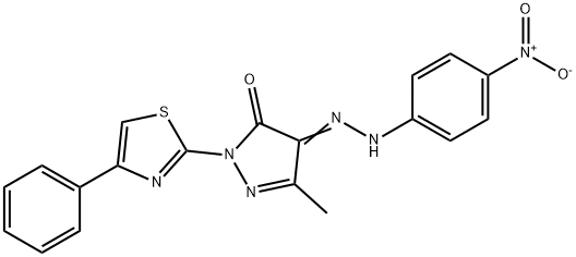 5-methyl-4-[(4-nitrophenyl)hydrazono]-2-(4-phenyl-1,3-thiazol-2-yl)-2,4-dihydro-3H-pyrazol-3-one Struktur