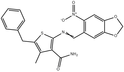 5-benzyl-4-methyl-2-{[(6-nitro-1,3-benzodioxol-5-yl)methylene]amino}-3-thiophenecarboxamide Struktur