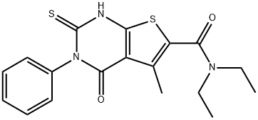 2-Mercapto-5-methyl-4-oxo-3-phenyl-3,4-dihydro-thieno[2,3-d]pyrimidine-6-carboxylic acid diethylamide Struktur