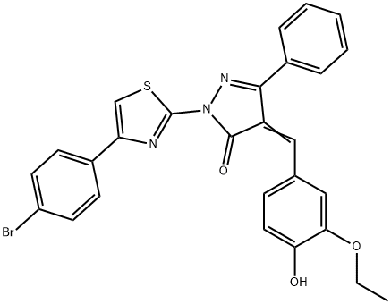 2-[4-(4-bromophenyl)-1,3-thiazol-2-yl]-4-(3-ethoxy-4-hydroxybenzylidene)-5-phenyl-2,4-dihydro-3H-pyrazol-3-one Struktur