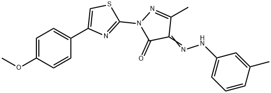 2-[4-(4-methoxyphenyl)-1,3-thiazol-2-yl]-5-methyl-4-[(3-methylphenyl)hydrazono]-2,4-dihydro-3H-pyrazol-3-one Struktur