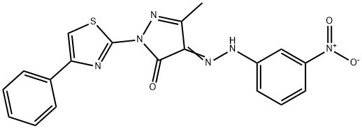 5-methyl-4-[(3-nitrophenyl)hydrazono]-2-(4-phenyl-1,3-thiazol-2-yl)-2,4-dihydro-3H-pyrazol-3-one Struktur