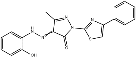 4-[(2-hydroxyphenyl)hydrazono]-5-methyl-2-(4-phenyl-1,3-thiazol-2-yl)-2,4-dihydro-3H-pyrazol-3-one Struktur