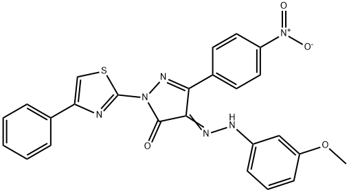 4-[(3-methoxyphenyl)hydrazono]-5-(4-nitrophenyl)-2-(4-phenyl-1,3-thiazol-2-yl)-2,4-dihydro-3H-pyrazol-3-one Struktur