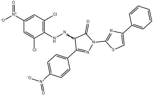 4-[(2,6-dichloro-4-nitrophenyl)hydrazono]-5-(4-nitrophenyl)-2-(4-phenyl-1,3-thiazol-2-yl)-2,4-dihydro-3H-pyrazol-3-one Struktur