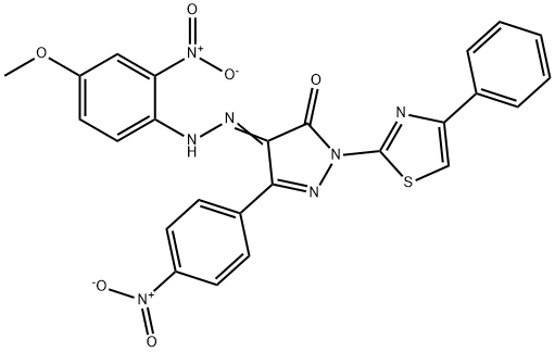 4-[(4-methoxy-2-nitrophenyl)hydrazono]-5-(4-nitrophenyl)-2-(4-phenyl-1,3-thiazol-2-yl)-2,4-dihydro-3H-pyrazol-3-one Struktur