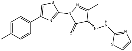 5-methyl-2-[4-(4-methylphenyl)-1,3-thiazol-2-yl]-4-(1,3-thiazol-2-ylhydrazono)-2,4-dihydro-3H-pyrazol-3-one Struktur