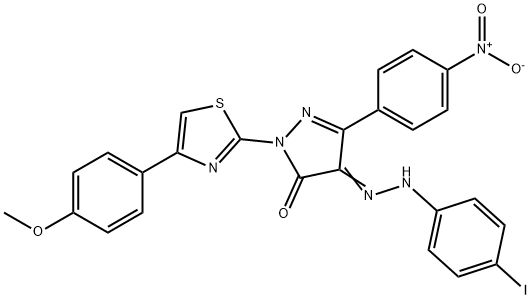 4-[(4-iodophenyl)hydrazono]-2-[4-(4-methoxyphenyl)-1,3-thiazol-2-yl]-5-(4-nitrophenyl)-2,4-dihydro-3H-pyrazol-3-one Struktur