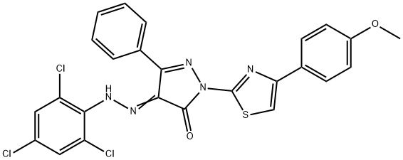 2-[4-(4-methoxyphenyl)-1,3-thiazol-2-yl]-5-phenyl-4-[(2,4,6-trichlorophenyl)hydrazono]-2,4-dihydro-3H-pyrazol-3-one Struktur