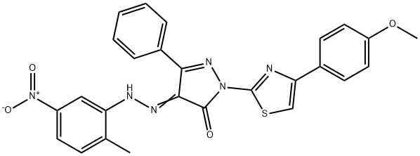 2-[4-(4-methoxyphenyl)-1,3-thiazol-2-yl]-4-[(2-methyl-5-nitrophenyl)hydrazono]-5-phenyl-2,4-dihydro-3H-pyrazol-3-one Struktur