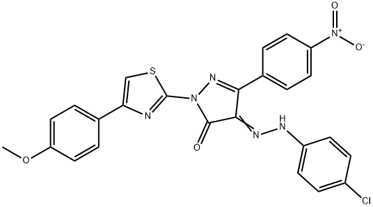 4-[(4-chlorophenyl)hydrazono]-2-[4-(4-methoxyphenyl)-1,3-thiazol-2-yl]-5-(4-nitrophenyl)-2,4-dihydro-3H-pyrazol-3-one Struktur