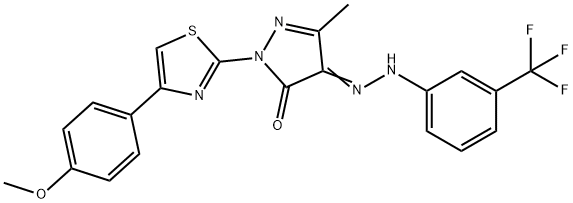 2-[4-(4-methoxyphenyl)-1,3-thiazol-2-yl]-5-methyl-4-{[3-(trifluoromethyl)phenyl]hydrazono}-2,4-dihydro-3H-pyrazol-3-one Struktur