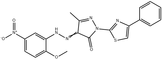 4-[(2-methoxy-5-nitrophenyl)hydrazono]-5-methyl-2-(4-phenyl-1,3-thiazol-2-yl)-2,4-dihydro-3H-pyrazol-3-one Struktur