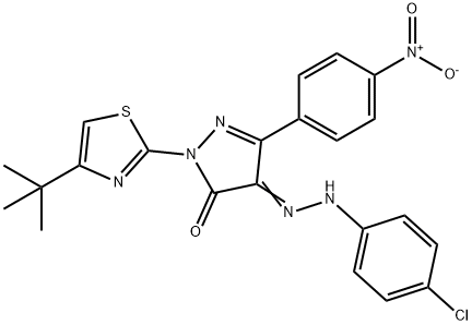 2-(4-tert-butyl-1,3-thiazol-2-yl)-4-[(4-chlorophenyl)hydrazono]-5-(4-nitrophenyl)-2,4-dihydro-3H-pyrazol-3-one Struktur