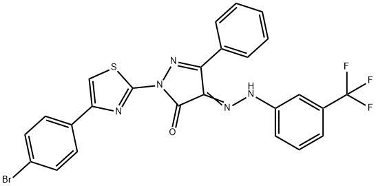 2-[4-(4-bromophenyl)-1,3-thiazol-2-yl]-5-phenyl-4-{[3-(trifluoromethyl)phenyl]hydrazono}-2,4-dihydro-3H-pyrazol-3-one Struktur