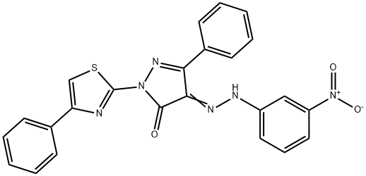 4-[(3-nitrophenyl)hydrazono]-5-phenyl-2-(4-phenyl-1,3-thiazol-2-yl)-2,4-dihydro-3H-pyrazol-3-one Struktur