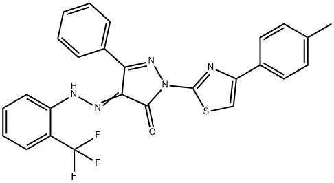 2-[4-(4-methylphenyl)-1,3-thiazol-2-yl]-5-phenyl-4-{[2-(trifluoromethyl)phenyl]hydrazono}-2,4-dihydro-3H-pyrazol-3-one Struktur