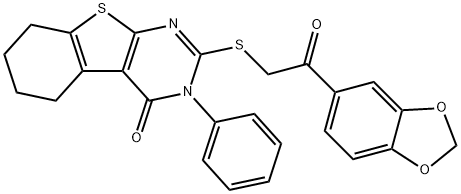 2-((2-(benzo[d][1,3]dioxol-5-yl)-2-oxoethyl)thio)-3-phenyl-5,6,7,8-tetrahydrobenzo[4,5]thieno[2,3-d]pyrimidin-4(3H)-one Struktur