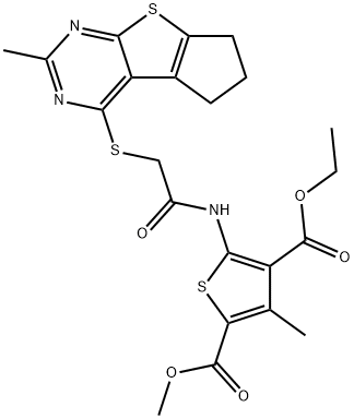 4-ethyl 2-methyl 3-methyl-5-(2-((2-methyl-6,7-dihydro-5H-cyclopenta[4,5]thieno[2,3-d]pyrimidin-4-yl)thio)acetamido)thiophene-2,4-dicarboxylate Struktur