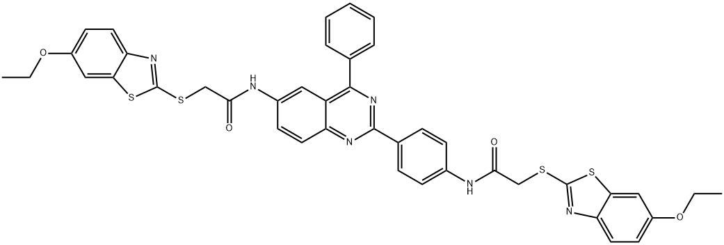 2-[(6-ethoxy-1,3-benzothiazol-2-yl)sulfanyl]-N-{2-[4-({[(6-ethoxy-1,3-benzothiazol-2-yl)sulfanyl]acetyl}amino)phenyl]-4-phenylquinazolin-6-yl}acetamide Struktur