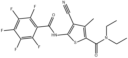 4-cyano-N,N-diethyl-3-methyl-5-[(2,3,4,5,6-pentafluorobenzoyl)amino]thiophene-2-carboxamide Struktur